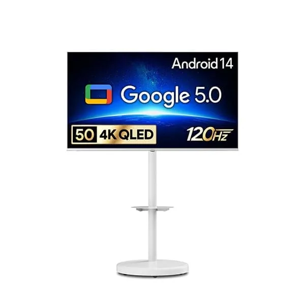 [더함] 스마트 구글 5.0 OS 안드로이드 14 QLED TV 50인치 120Hz 화이트+이동형스탠드 (G504QW-5.0-삼텐바이미)